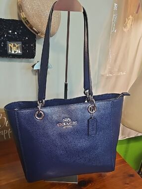 COACH Navy Pebble Leather Tote with Silver Hardware